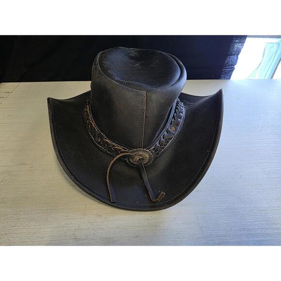 Conner Leather Outback Hat- Black -Aussie Western Cowboy Style size M - Picture 2 of 7
